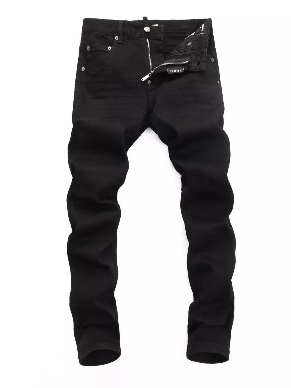 Black cotton slim fit jeans with zip fly and button closure.