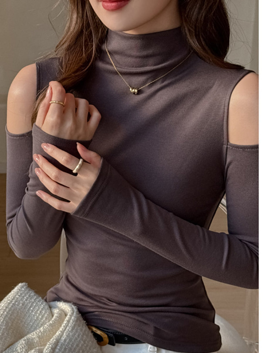 Mock Neck Cutout Shoulder Slim-Fit T-Shirt in ivory with cutout