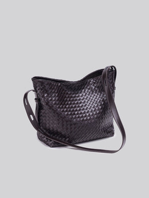Brown handbag with snap and woven