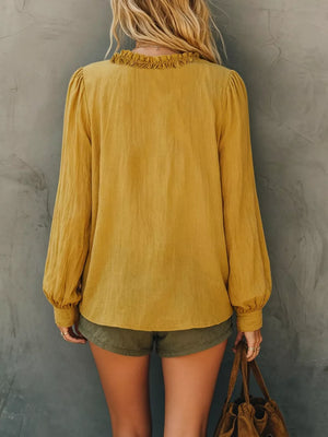 Bohemian Ruffled V-neck Long Sleeve Blouse in Black