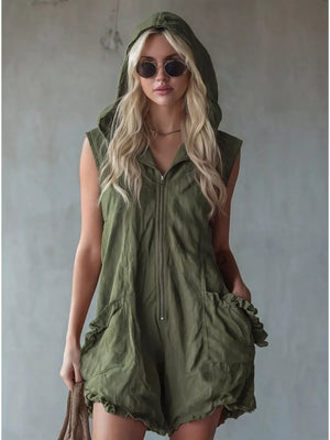 Army green hooded sleeveless romper with ruffled pockets and zipper front.