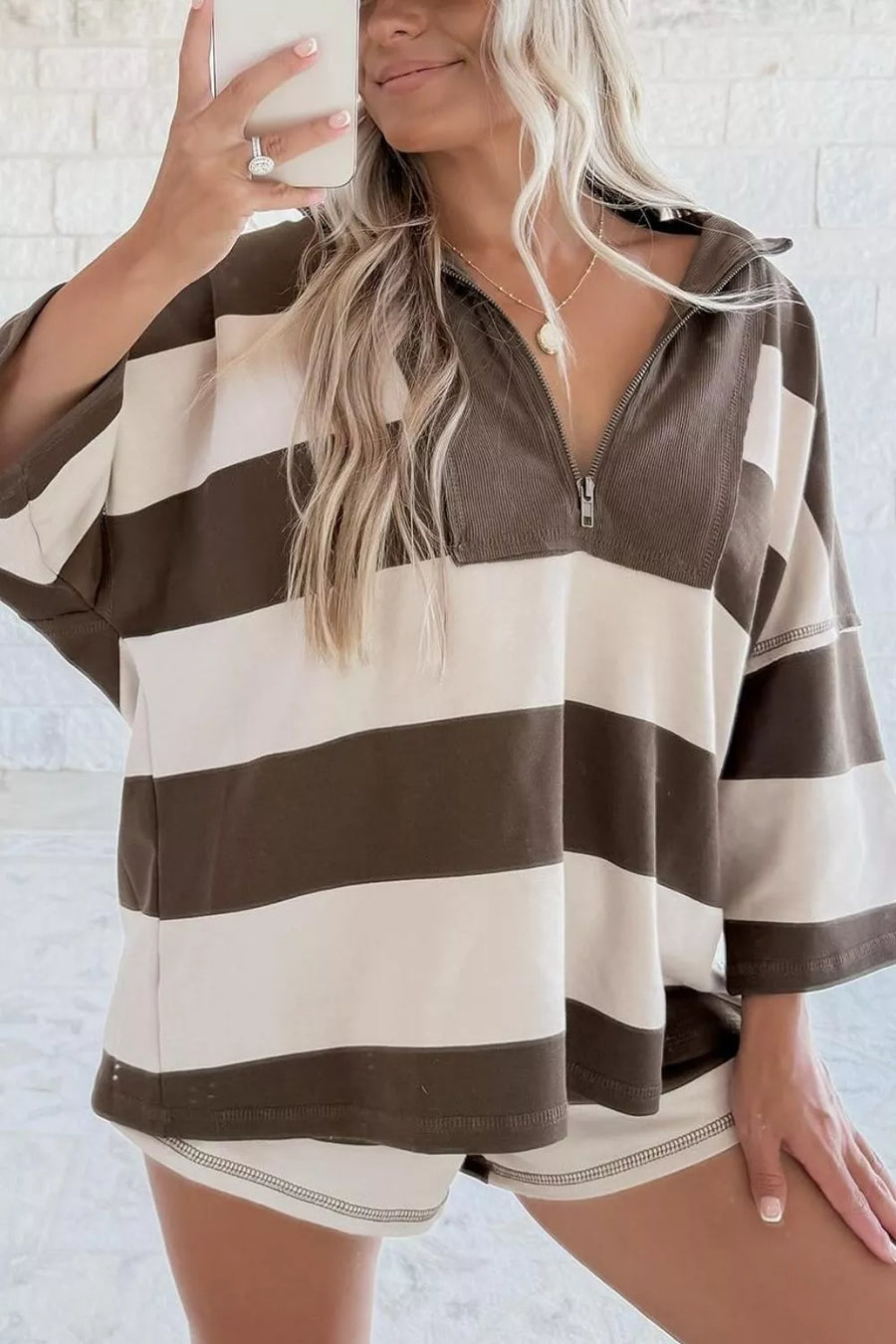 Striped Color Block Zip Collar Oversize Sweatshirt in Coffee Brown