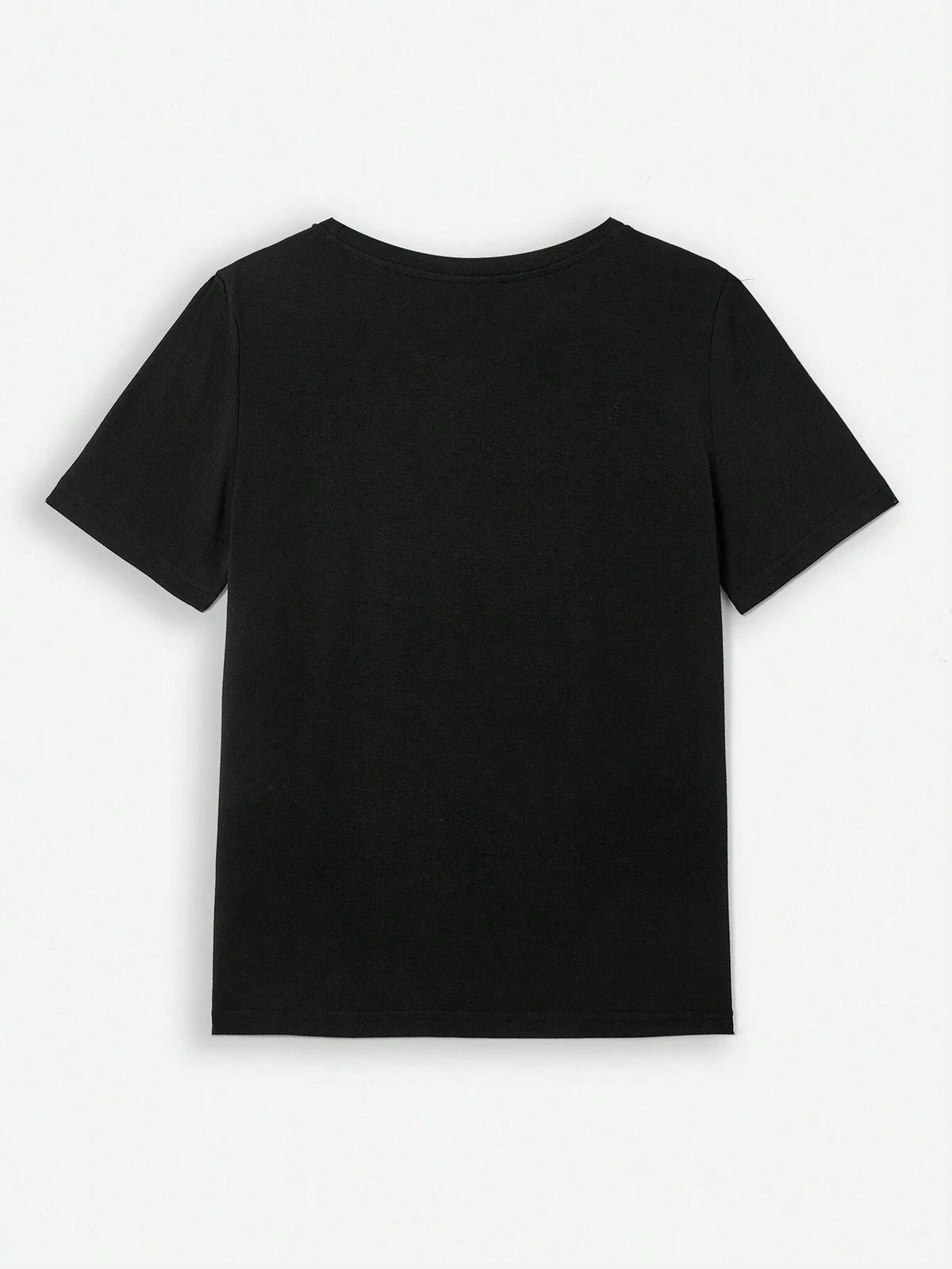 Black t-shirt with short sleeves and a crew neck.