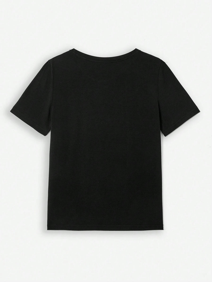 Black t-shirt with short sleeves and a crew neck.