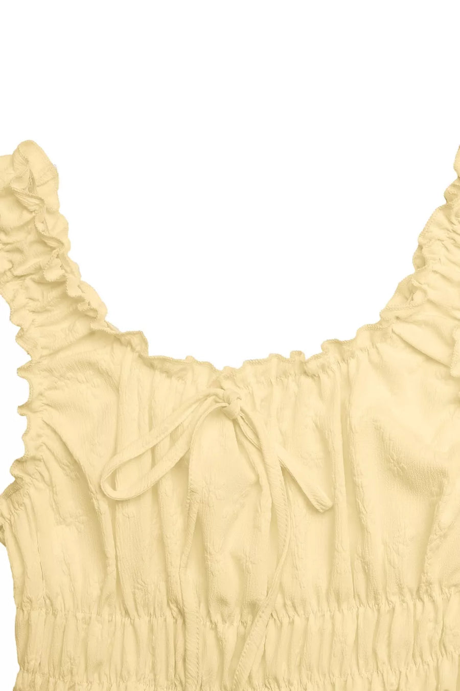 Yellow smocked maxi dress with frill straps and tie front detail