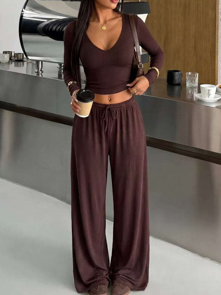 Brown with V-neck Long Sleeve Top And Wide-leg Pants Set