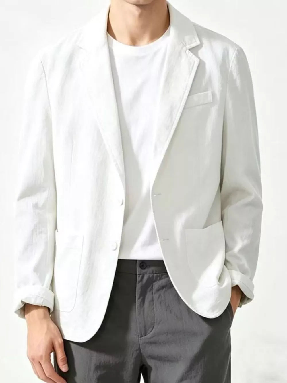 Men's Plus Size Button Up Long Sleeve Blazer in White