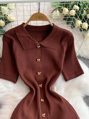 Brown ribbed knit midi dress with collar and gold button detail
