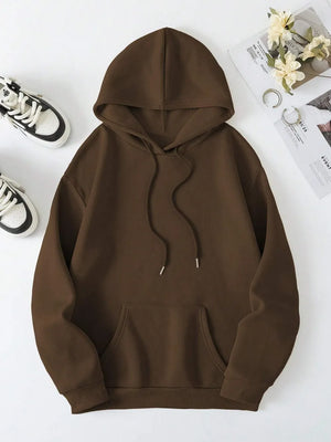 Dark brown basic hoodie with drawstring hood and front pocket.