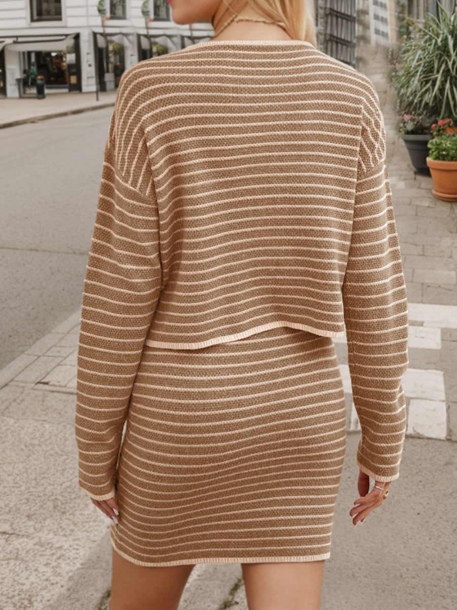 Camel knit co-ord set with horizontal stripes, crew neck sweater and mini skirt.