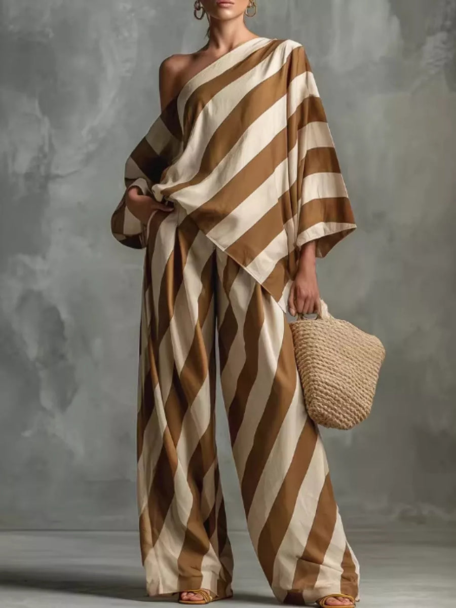 Striped one-shoulder top and wide-leg pants set in brown and cream.