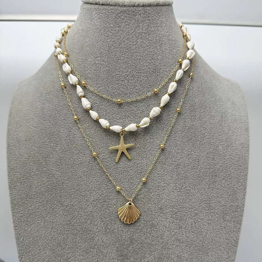 Gold with 18k Gold-plated Bohemian Seashell Layered Necklace