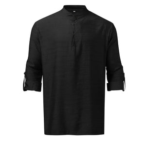 Black half-button shirt with roll-up sleeves and mandarin collar.