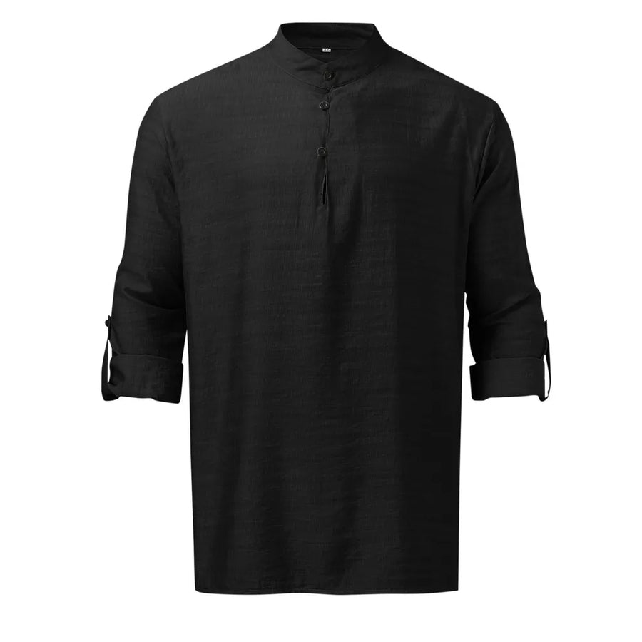 Black half-button shirt with roll-up sleeves and mandarin collar.