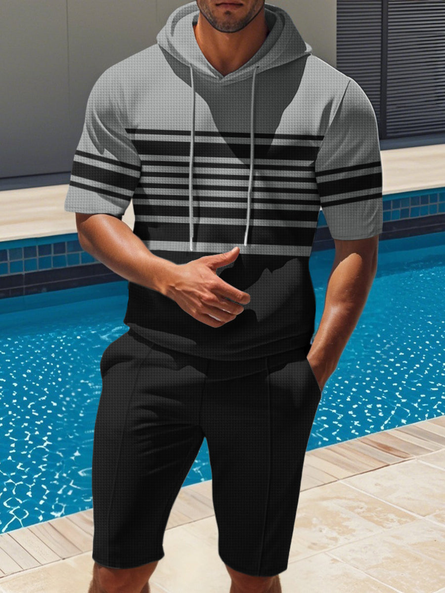Blue Men's Striped Short Sleeve Hoodie And Shorts Set