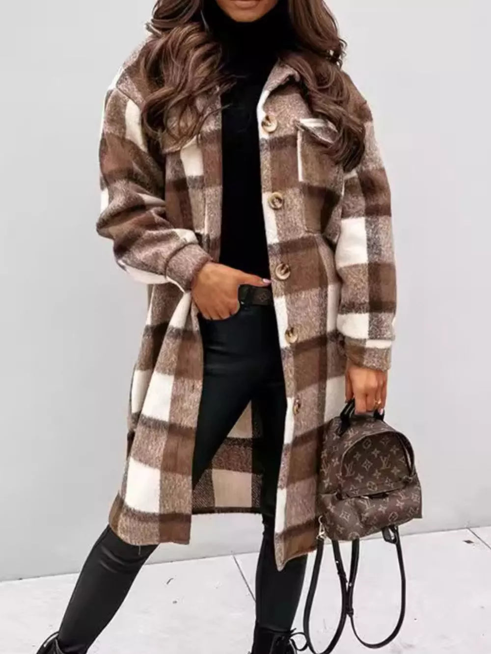 brown overcoat with plaid and collared