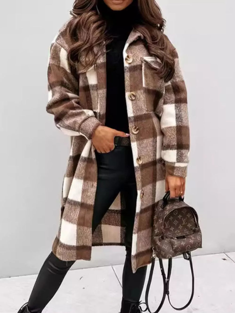 brown overcoat with plaid and collared