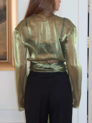 glam wrap top in Green with v-neck