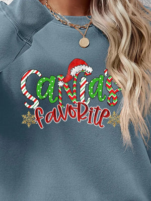 Air Force Blue sweatshirt with Santa's Favorite festive graphic and snowflakes.