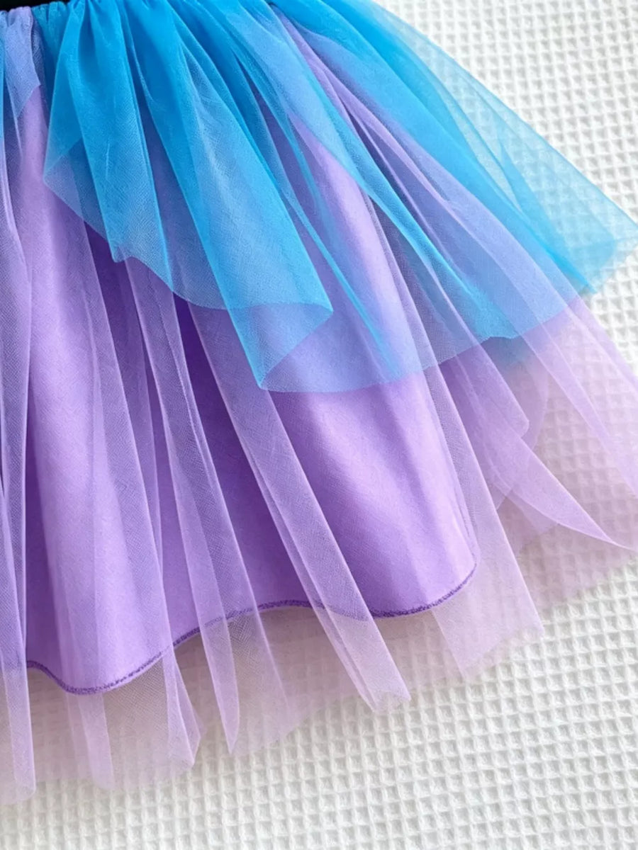 tutu dress in light blue with graphic-print and mesh
