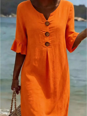 Orange ruffled sleeve button detail dress with V-neck and relaxed fit.