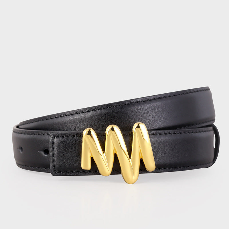 Black cowhide leather belt with a glossy gold wavy buckle.