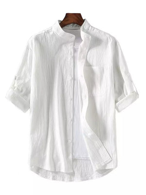 White band collar button-up shirt with short sleeves and a chest pocket.