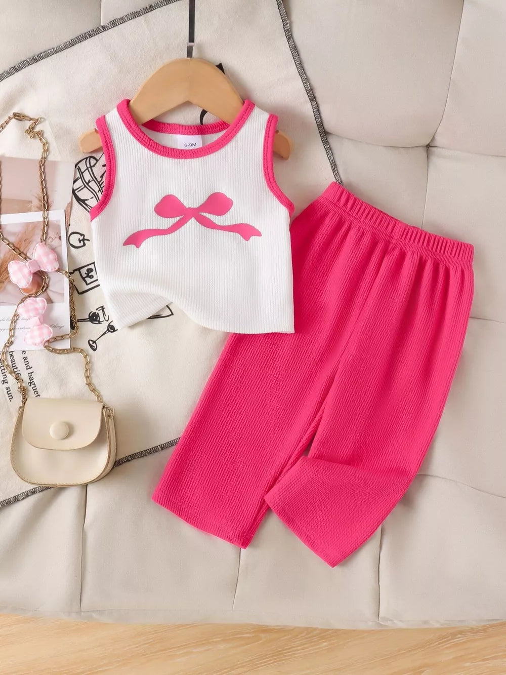 玫红色 with Children's Ribbed Bow Tank Top And Pants Set in 玫红色