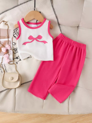 玫红色 with Children's Ribbed Bow Tank Top And Pants Set in 玫红色