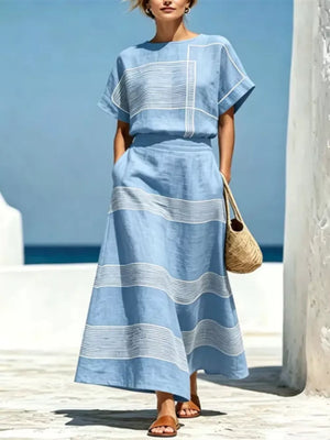 Sky Blue Full Size Striped Round Neck Top And Skirt Set