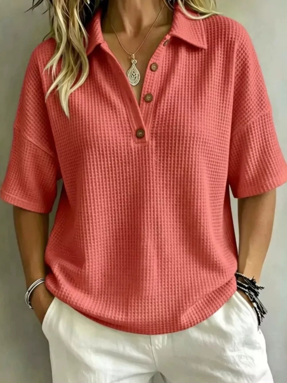 Full Size Waffle Knit Polo Top Plus Size in Light Pink