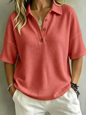 Full Size Waffle Knit Polo Top Plus Size in Light Pink