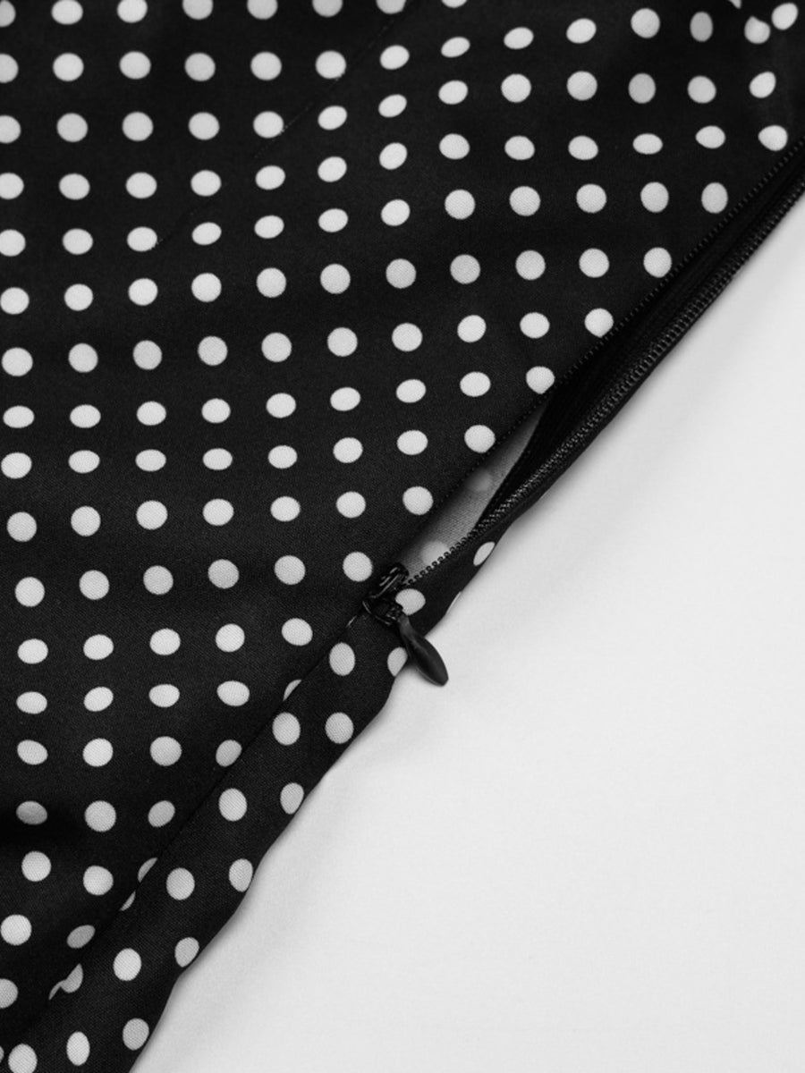Black and white polka dot maxi dress with side zipper detail