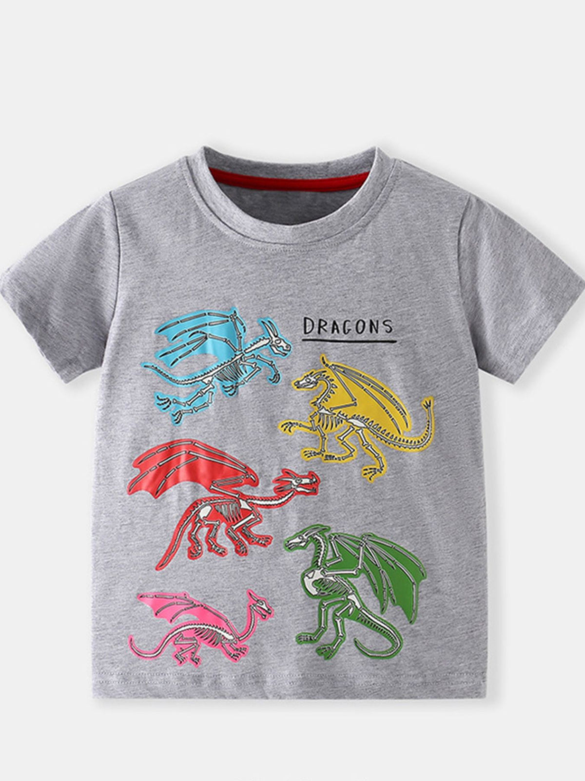 Grey cotton crew neck t-shirt with colorful dragon skeleton graphic print and "DRAGONS" text.