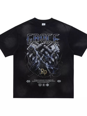 Black graphic tee with hands holding money and lightning print