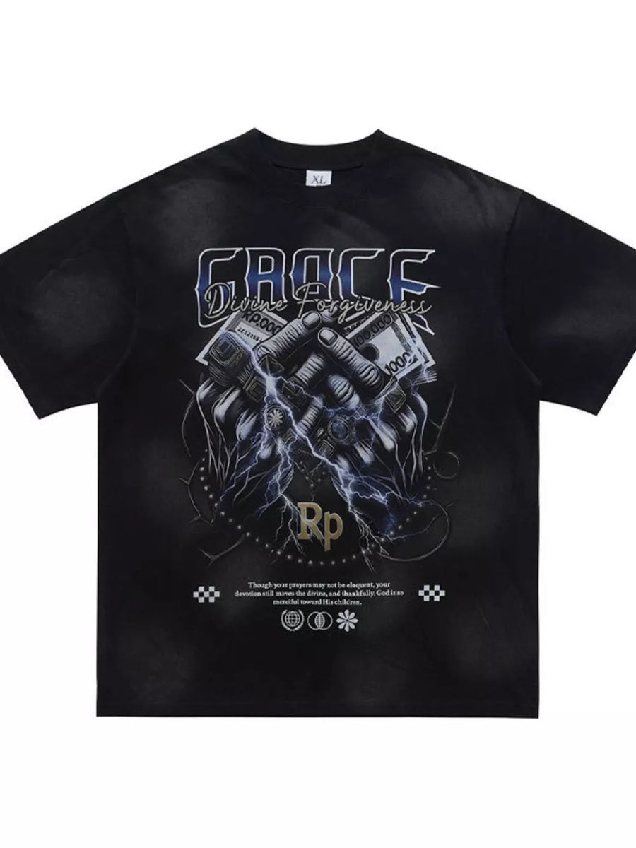 Black graphic tee with hands holding money and lightning print