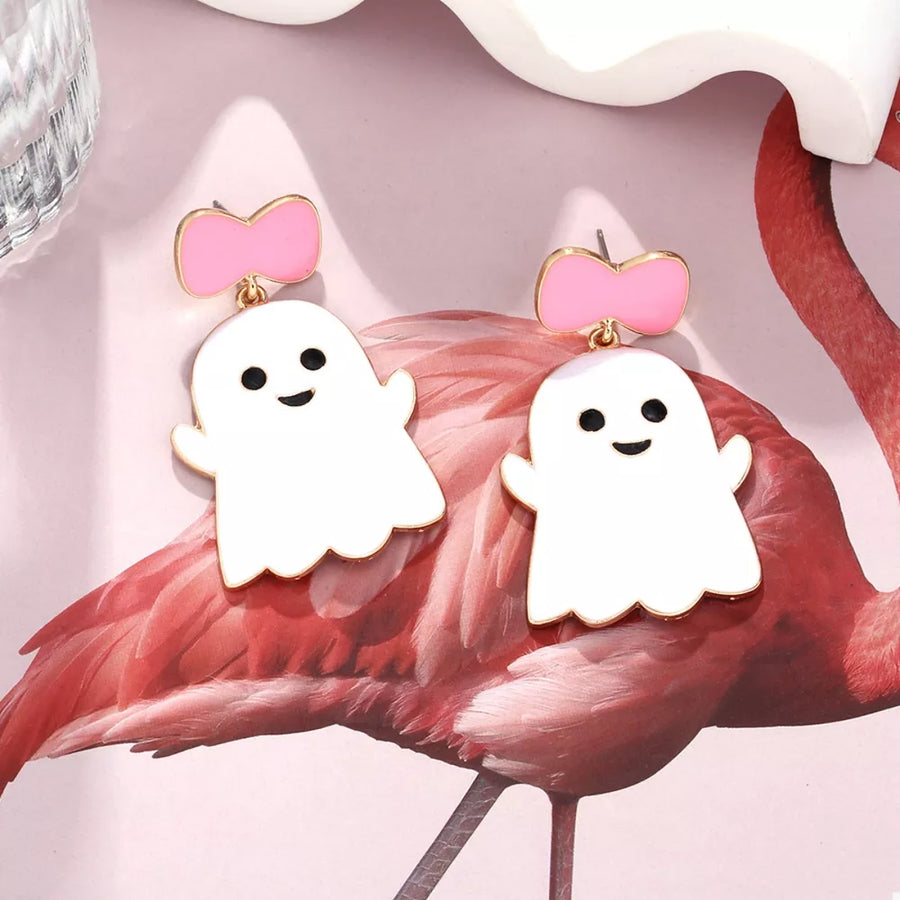 Playful ghost dangle earrings with pink bows and 18k gold trim.