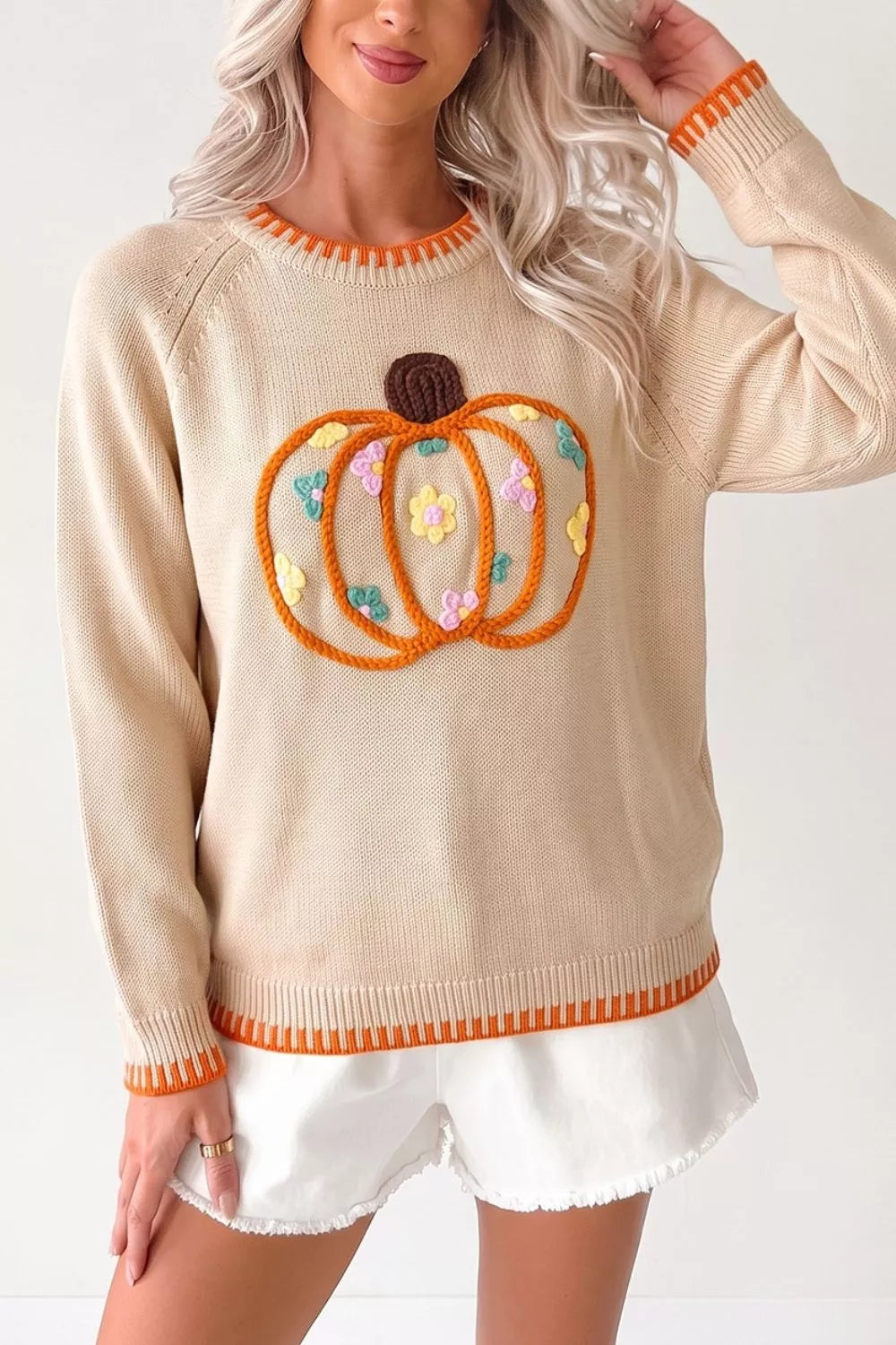 Floral Embroidery Pumpkin Long Sleeve Sweater in this colorway