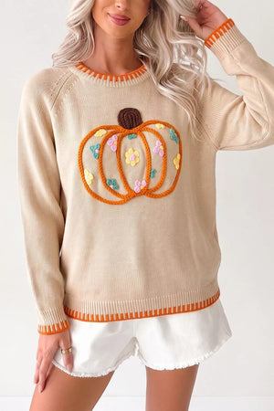 Floral Embroidery Pumpkin Long Sleeve Sweater in this colorway