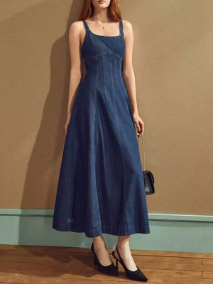 Square Neck A-line Denim Dress