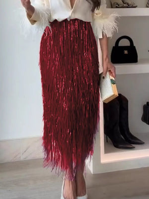 Burgundy fringe skirt with a sequin shimmer, part of a two-piece set.