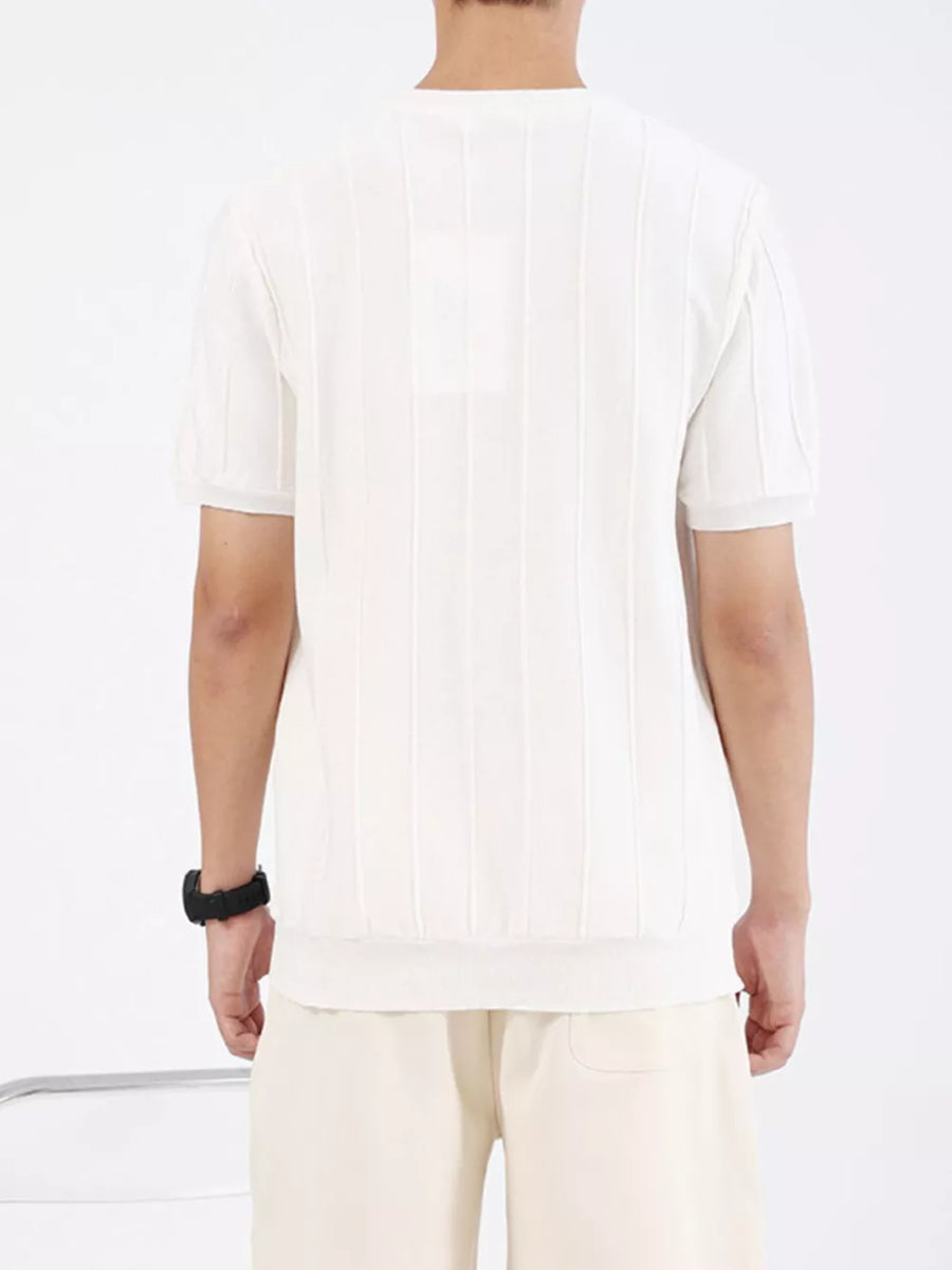 White textured short sleeve t-shirt for men with vertical ribbing detail and crew neck.
