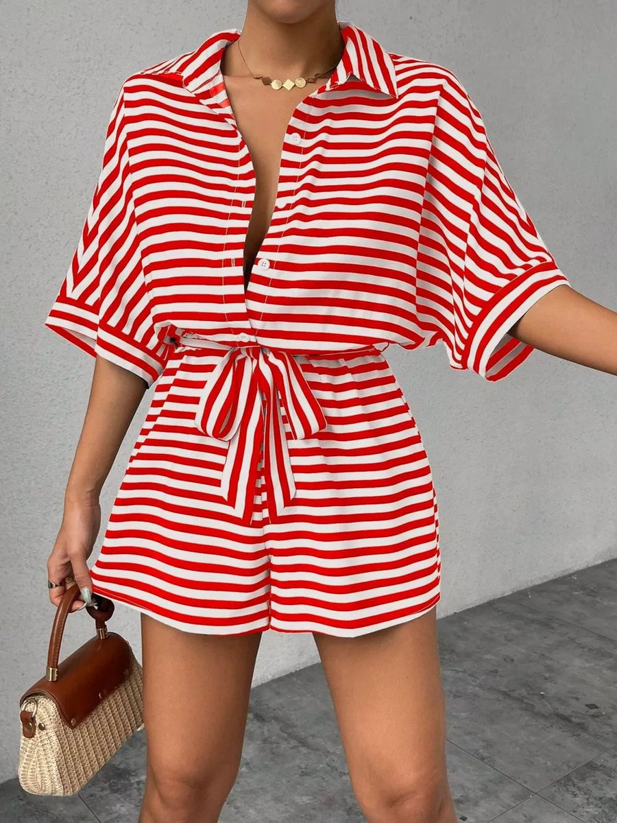 Dark Blue Striped Button Front Half Sleeve Romper