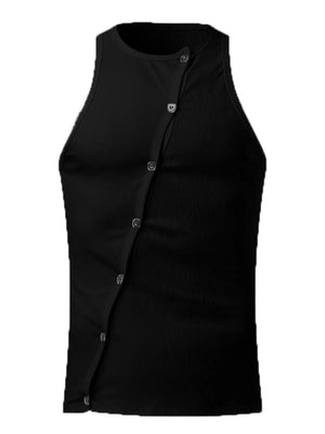Black ribbed tank top with asymmetric button-up detail