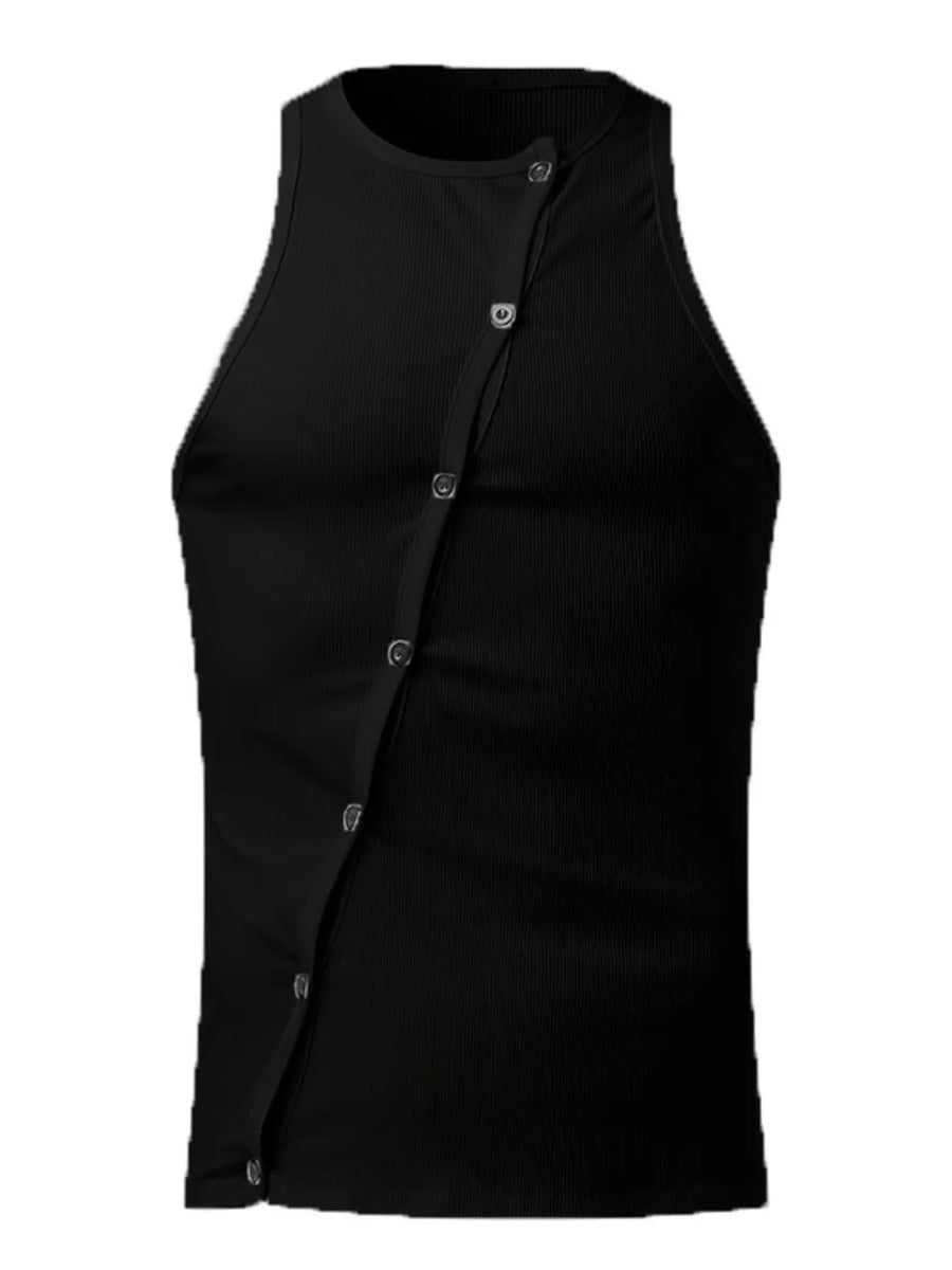 Black ribbed tank top with asymmetric button-up detail