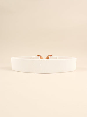 White elasticated waist belt with geometric gold buckle detail