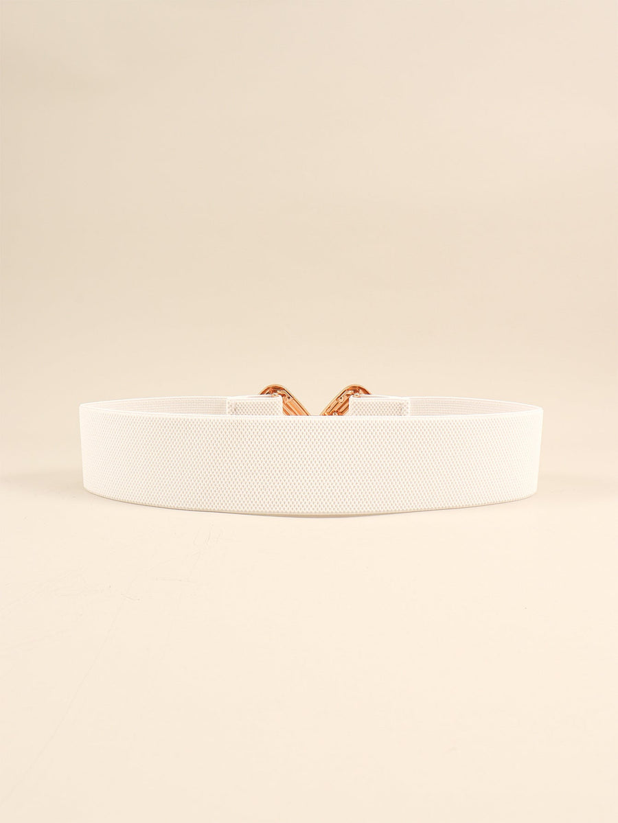White elasticated waist belt with geometric gold buckle detail