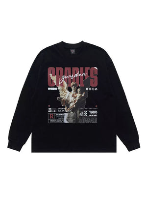 Black with Men's Guardian Angel Graphic Long Sleeve T-shirt