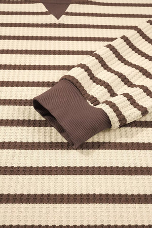 Stripe Patchwork Ribbed Cuff Pullover Sweatshirt in Beige, view 11