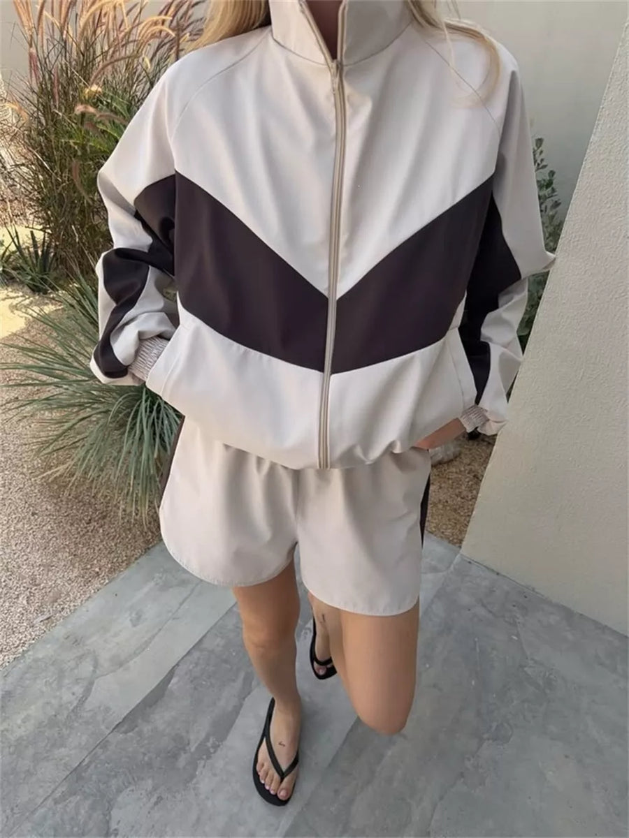 Color Block Zip Up Outerwear And Shorts Set in Green